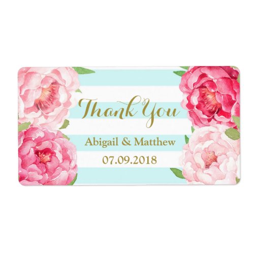 Blue Stripes Pink Watercolor Floral Wedding Labels