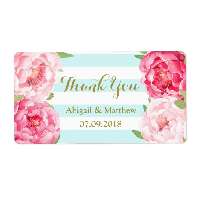 Blue Stripes Pink Watercolor Floral Wedding Labels (Front)