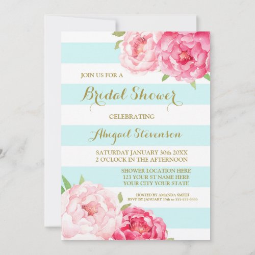 Blue Stripes Pink Watercolor Flowers Bridal Shower Invitation