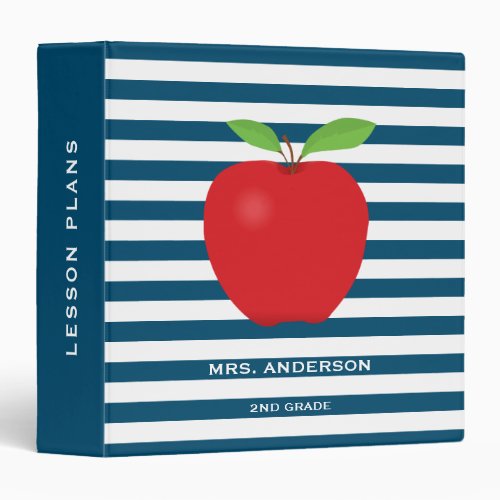 Blue Stripes Red Apple Personalized Teacher 3 Ring Binder - This teacher binder features a trendy dark blue and white horizontal stripe pattern with a digital illustration of a red apple.