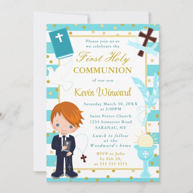 Blue Stripes Red Haired Boy First Holy Communion Invitation (Front)