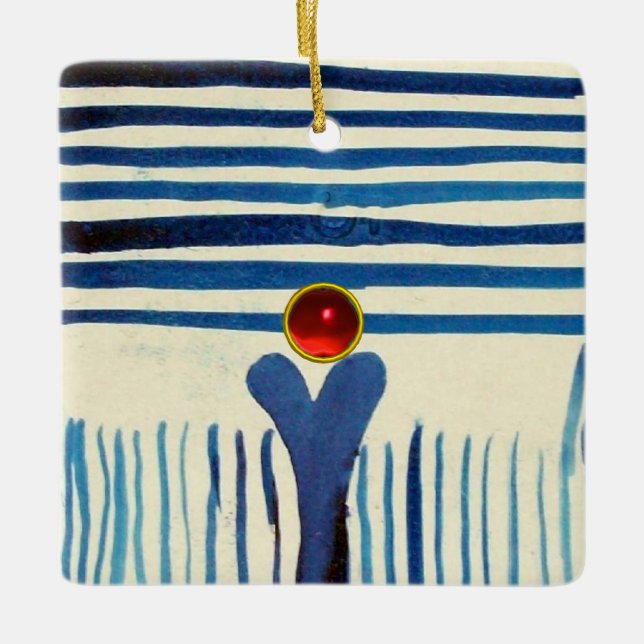 BLUE STRIPES & RED RUBY CERAMIC ORNAMENT (Front)