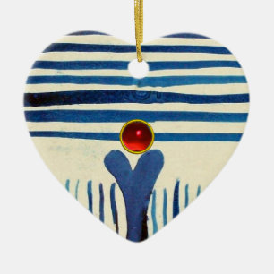 BLUE STRIPES & RED RUBY HEART CERAMIC ORNAMENT