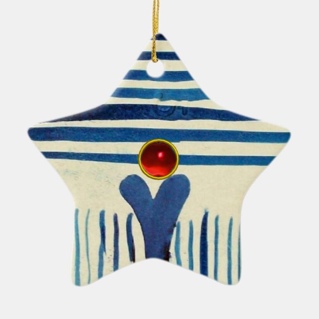 BLUE STRIPES & RED RUBY STAR CERAMIC ORNAMENT (Front)