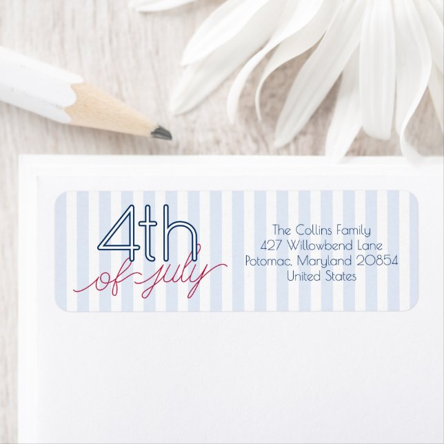 Blue Stripes Red Script 4th of July Summer Party Label (Insitu)
