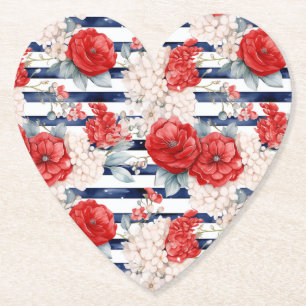 Blue Stripes Red White Floral Birthday Paper Coaster