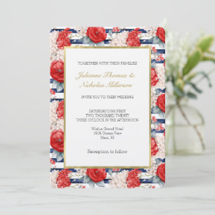Blue Stripes Red White Floral Wedding Invitation