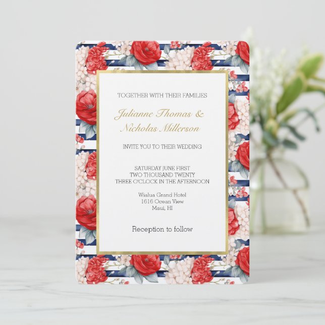 Blue Stripes Red White Floral Wedding Invitation (Standing Front)