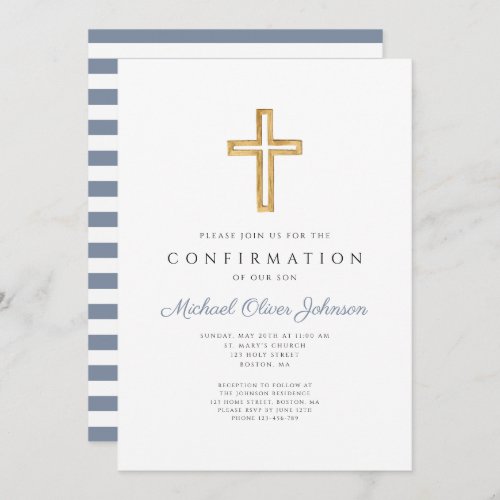 Blue Stripes Religious Cross Boy Confirmation Invitation