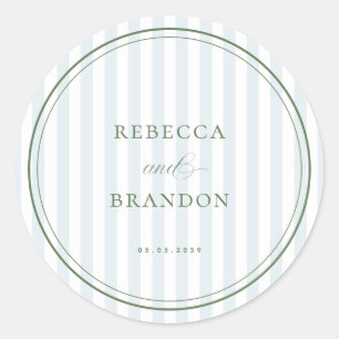 Blue Stripes Sage Green Border Wedding Favor Classic Round Sticker