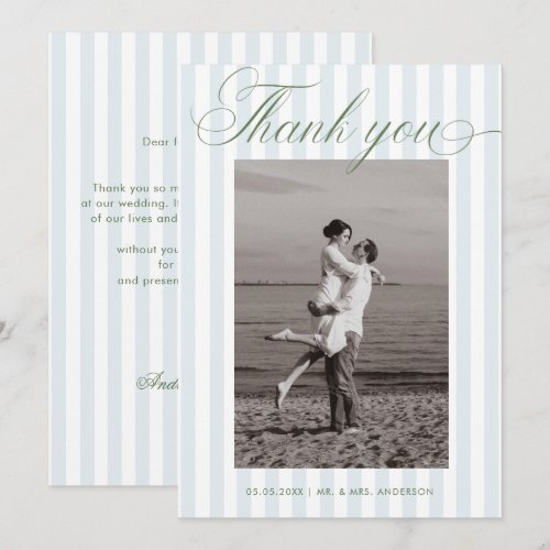 Blue Stripes Sage Green Timeless Script Wedding Thank You Card