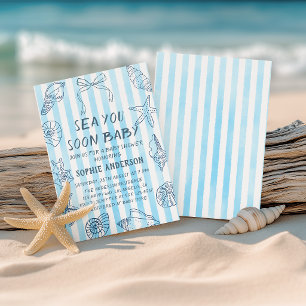 Blue Stripes Seashell Sea You Soon Baby Shower Invitation