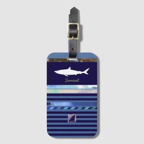 blue stripes shark luggage tag
