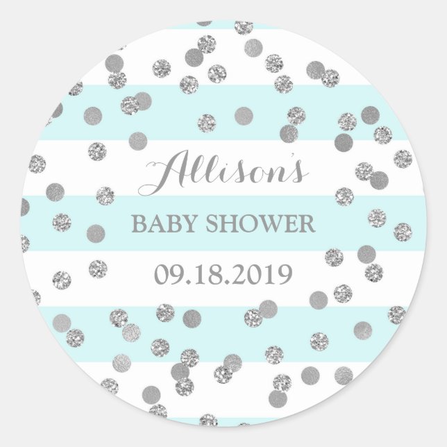 Blue Stripes Silver Confetti Baby Shower Favor Classic Round Sticker (Front)