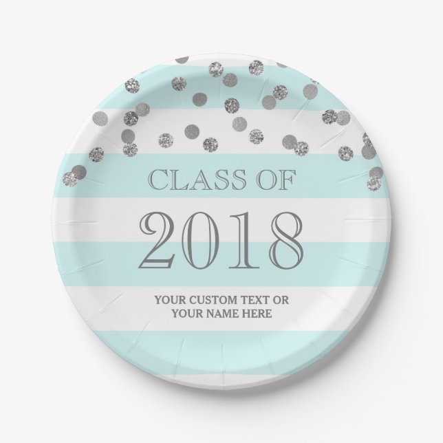 Blue Stripes Silver Confetti Graduation 2018 Paper Plates (Front)