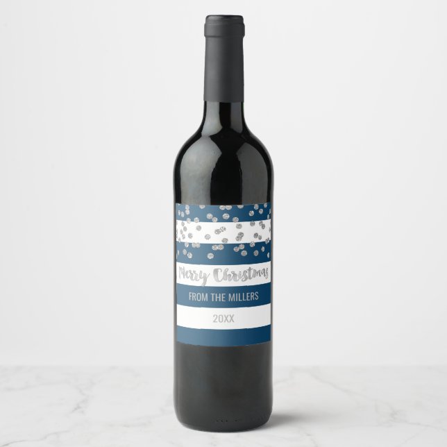 Blue Stripes Silver Confetti Merry Christmas Wine Wine Label (Front)