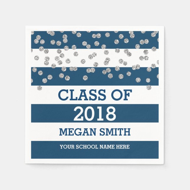 Blue Stripes Silver Dots Class of 2018 Graduation Paper Napkins (Front)