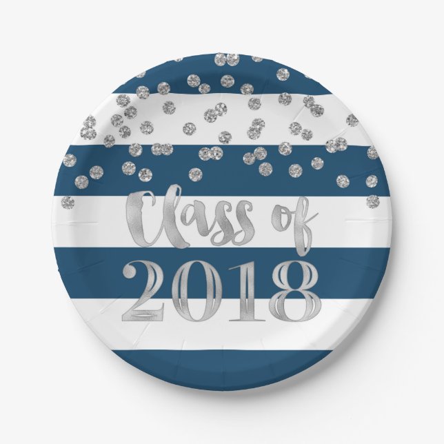 Blue Stripes Silver Dots Class of 2018 Graduation Paper Plates (Front)