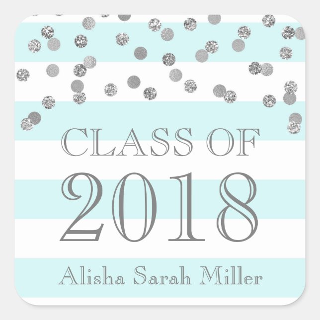 Blue Stripes Silver Graduation Class of 2018 Square Sticker (Front)