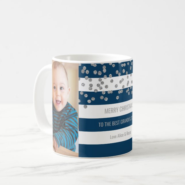 Blue Stripes Silver Photo Best Grandma Christmas Coffee Mug (Front Left)