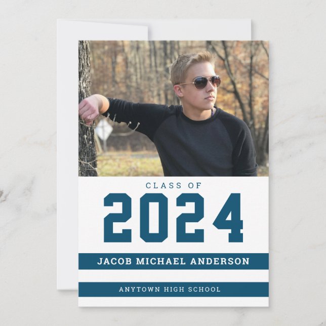 Blue Stripes Sporty Photo Graduation Party Invitation (Front)