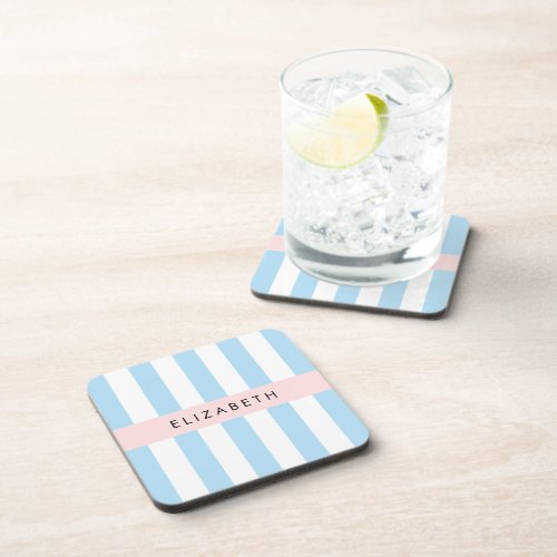 Blue Stripes Striped Pattern Lines Your Name Beverage Coaster