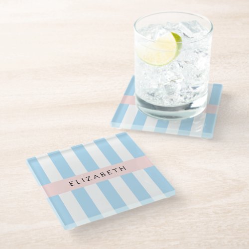 Blue Stripes Striped Pattern Lines Your Name Glass Coaster