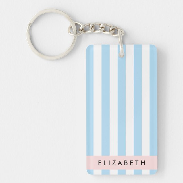 Blue Stripes, Striped Pattern, Lines, Your Name Keychain (Front)