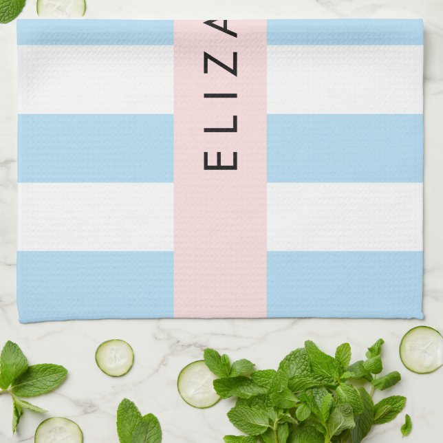 Blue Stripes, Striped Pattern, Lines, Your Name Kitchen Towel (Folded)