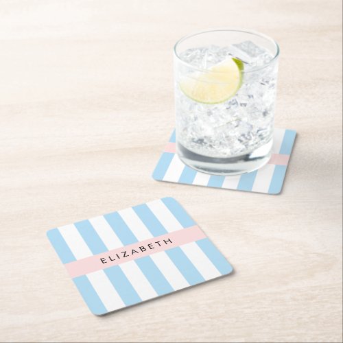 Blue Stripes Striped Pattern Lines Your Name Square Paper Coaster