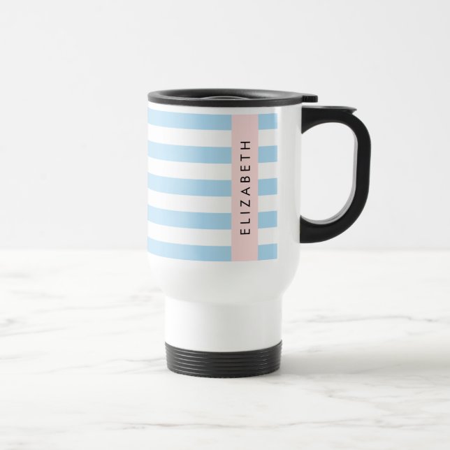 Blue Stripes, Striped Pattern, Lines, Your Name Travel Mug (Right)