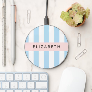 Blue Stripes, Striped Pattern, Lines, Your Name Wireless Charger