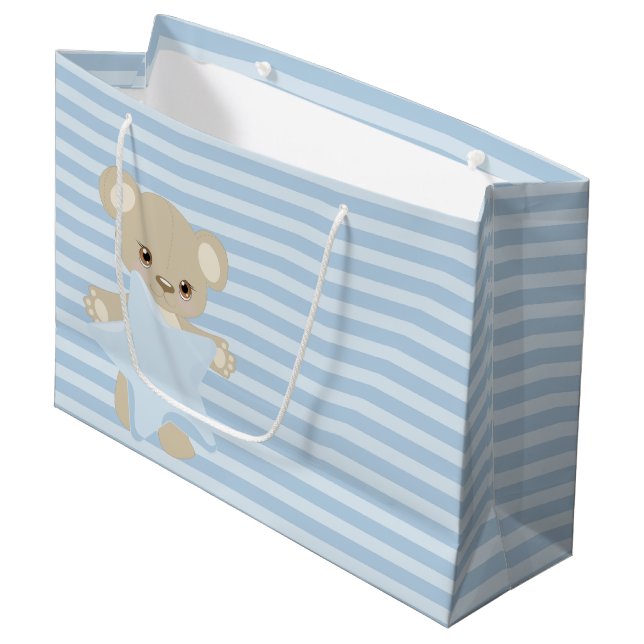 BLUE STRIPES TAN TEDDY BEAR & STAR LARGE GIFT BAG (Front Angled)