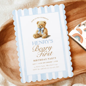 Blue Stripes Teddy Bear 1st Birthday Invitation