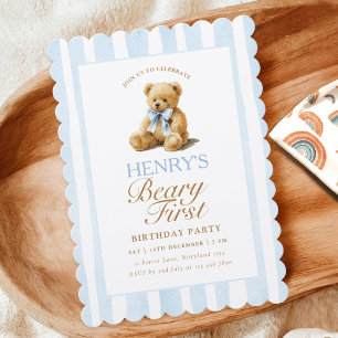 Blue Stripes Teddy Bear 1st Birthday Invitation