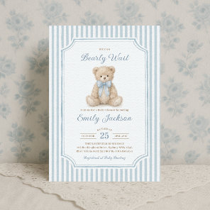 Blue Stripes Teddy Bear Boy Baby Shower Invitation