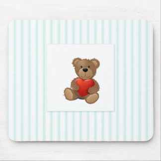 Blue Stripes - Teddy Bear with Valentine Heart Mouse Pad