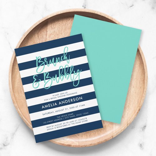 Blue Stripes Turquoise Brunch Bubbly Bridal Shower Invitation