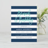 Blue Stripes Turquoise Brunch Bubbly Bridal Shower Invitation (Standing Front)
