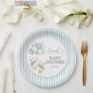 Blue Stripes Twins Bears Baby Shower Paper Plates