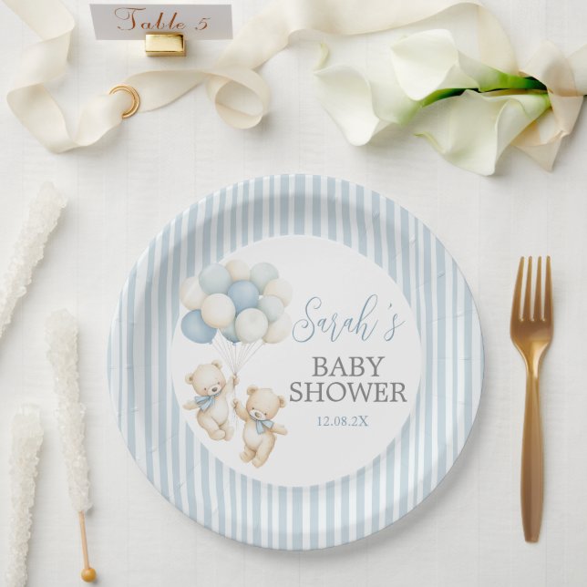 Blue Stripes Twins Bears Baby Shower Paper Plates (Wedding)