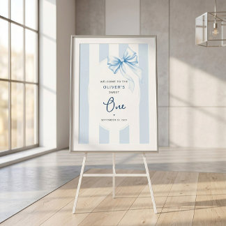 Blue Stripes & Watercolor Bow Sweet One Birthday Poster