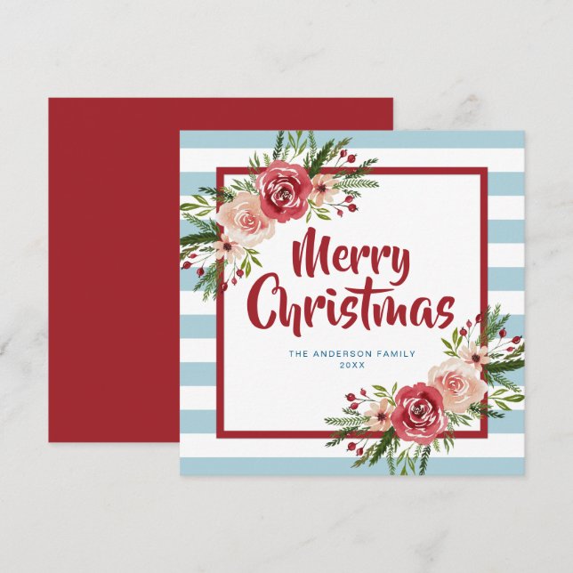 Blue Stripes Watercolor Flowers Christmas Card (Front/Back)