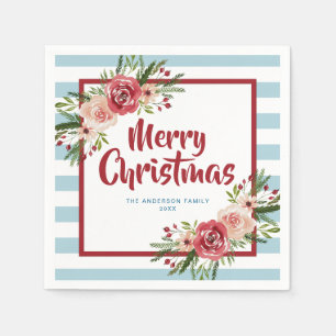 Blue Stripes Watercolor Flowers Christmas Napkins