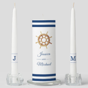 Blue Stripes Watercolor Steering Wheel Wedding Unity Candle Set