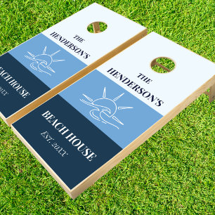 Blue Stripes Wave Family Beach House  Cornhole Set
