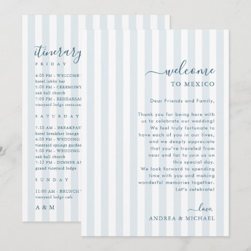 Blue Stripes Wedding Welcome and Itinerary Card
