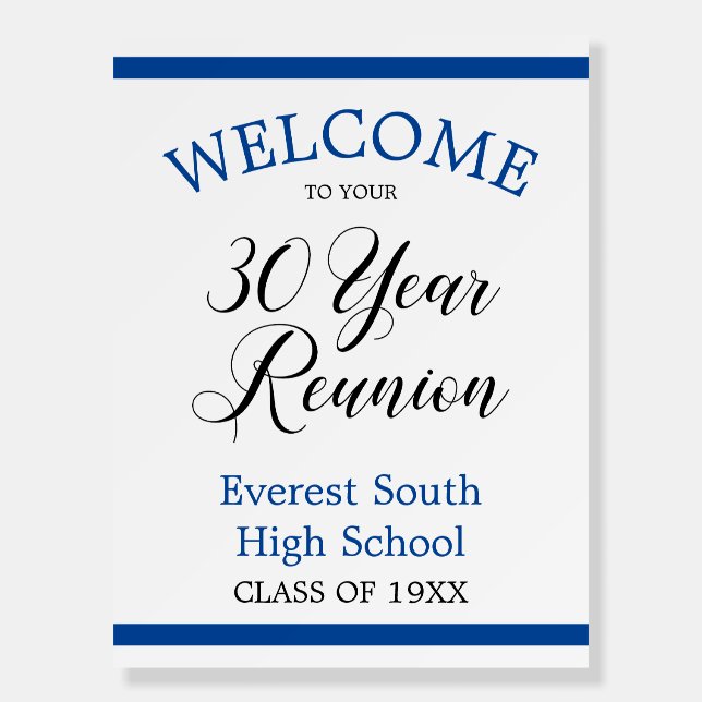 Blue Stripes Welcome to 30 Year Class Reunion Foam Board (Front)