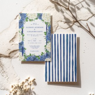Blue Stripes White Hydrangeas Wedding Invitation
