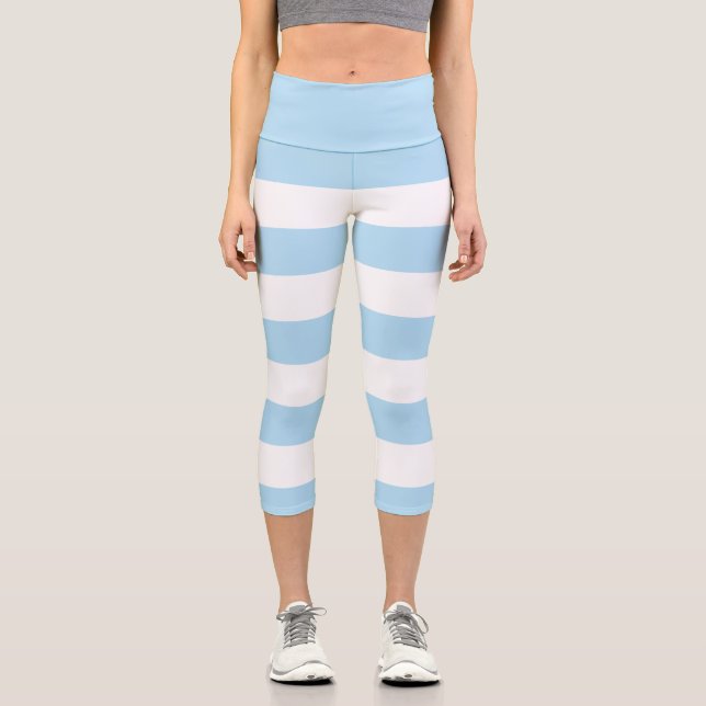 Blue Stripes, White Stripes, Striped Pattern Capri Leggings (Front)